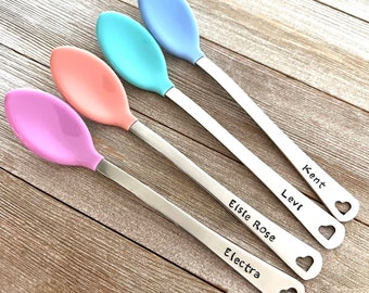 SALE Set of 2 Hand Stamped Custom Silver Baby Spoons Personalized with Names or Initials - Baby Shower - Gift - New Baby - Engraved - Boy