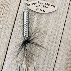 TODAY show feature You&#39;ve Got Me Hooked Fishing Lure Hand Stamped with Initial Option - Boyfriend Gift - Engagement - Wedding - Valentine&#39;s