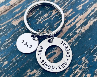 Personalized running keychain, 13.1 half marathon, 26.2 runner gift, eat sleep run