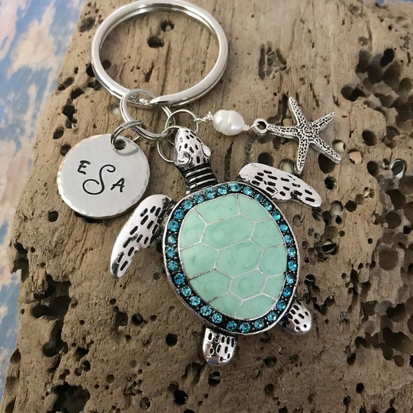 Monogram Initial Personalized - Turtle Key ring -Sea Turtle Keychain - beach - blue - turquoise - rhinestone - starfish - pearl