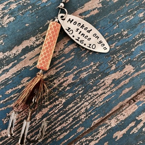 TODAY show feature Hooked on You Fishing Lure Hand Stamped with Date Option Valentine's Engagement Wedding Boyfriend Gift Engraved image 1