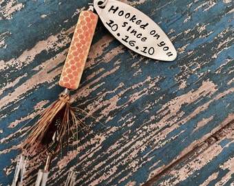 TODAY show feature Hooked on You Fishing Lure Hand Stamped with Date Option - Valentine's - Engagement - Wedding - Boyfriend Gift - Engraved