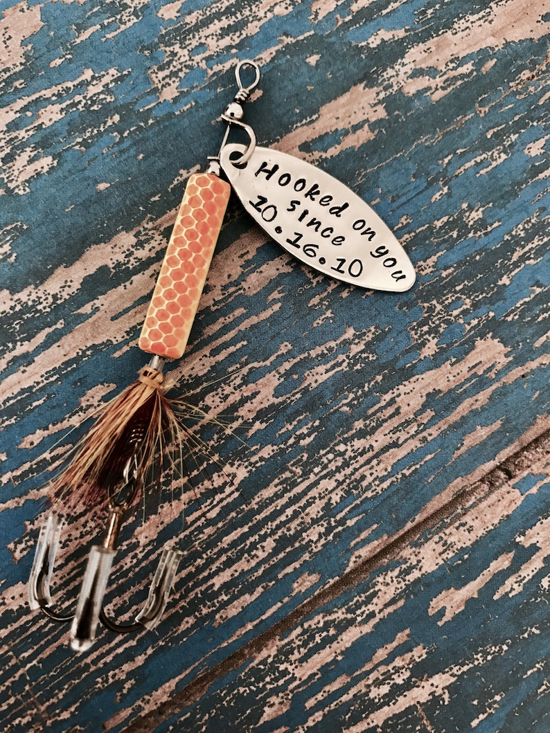 TODAY show feature Hooked on You Fishing Lure Hand Stamped with Date Option Valentine's Engagement Wedding Boyfriend Gift Engraved image 1