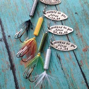 TODAY show feature Hooked on You Fishing Lure Hand Stamped with Date Option Valentine's Engagement Wedding Boyfriend Gift Engraved image 2