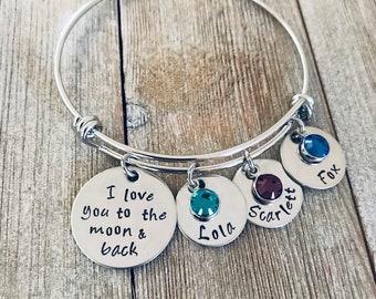 Personalized Birthstone Bangle Bracelet: Engraved Charm, Swarovski Crystal