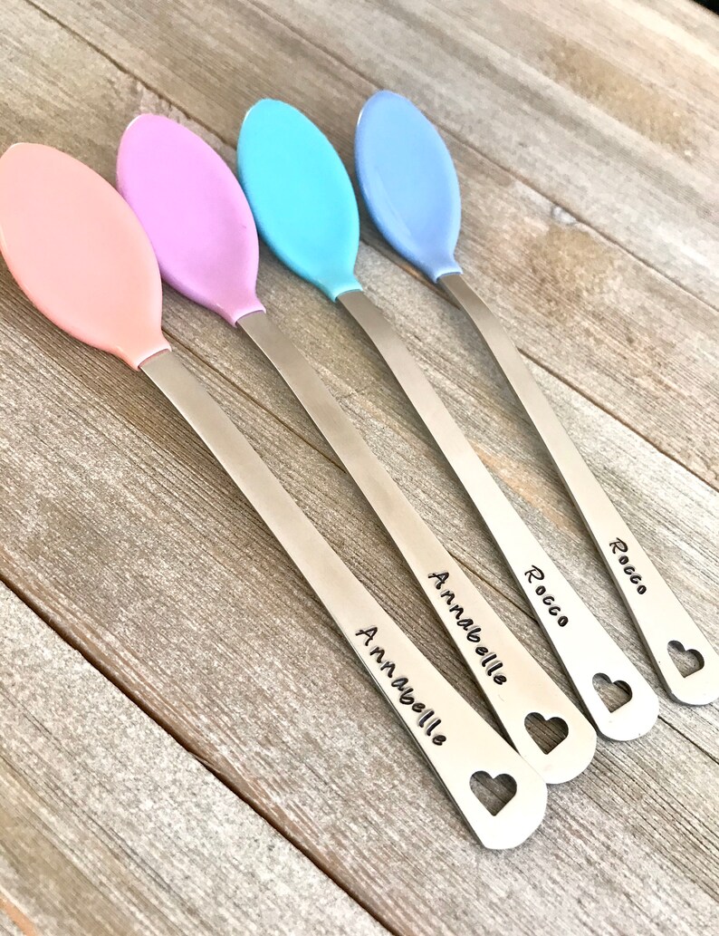 Set of 2 Hand Stamped Custom Silver Baby Spoons Personalized Etsy