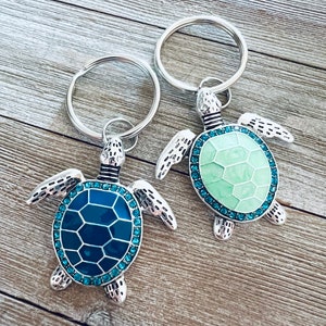 2 Sea turtle key rings, dark blue, sea glass green, rhinestone keychain, Beach key ring keychain, Sea life key ring keychain