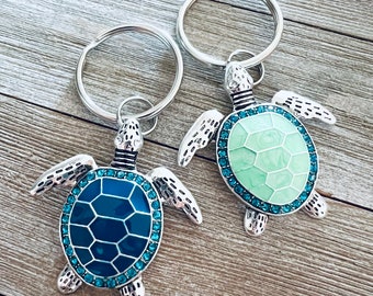 2 Sea turtle key rings, dark blue, sea glass green, rhinestone keychain, Beach key ring keychain, Sea life key ring keychain