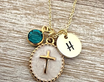 Cross necklace 14k gold, personalized initial, birthstone jewelry, Baptisim confirmation gift, monogram