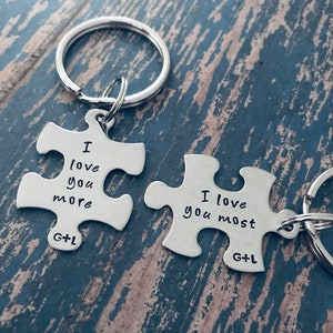 I love you more, I love you most, Puzzle Piece Key Ring Set, personalized with initials, Valentine's Day, Girlfriend gift, Christmas gift