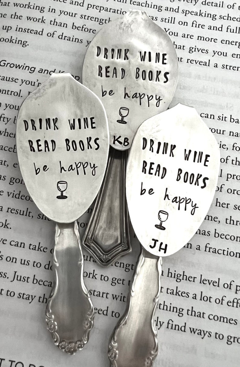 Drink Wine Read Books Be Happy vintage spoon bookmark, Girlfriend Gift, Christmas Gift, Stocking Stuffer, Wine gift, Gift for Mom image 2