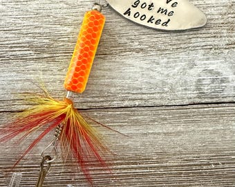 You’ve Got Me Hooked Fishing Lure Hand Stamped with Initial Option, Valentine’s Day, boyfriend anniversary gift, fishing lure