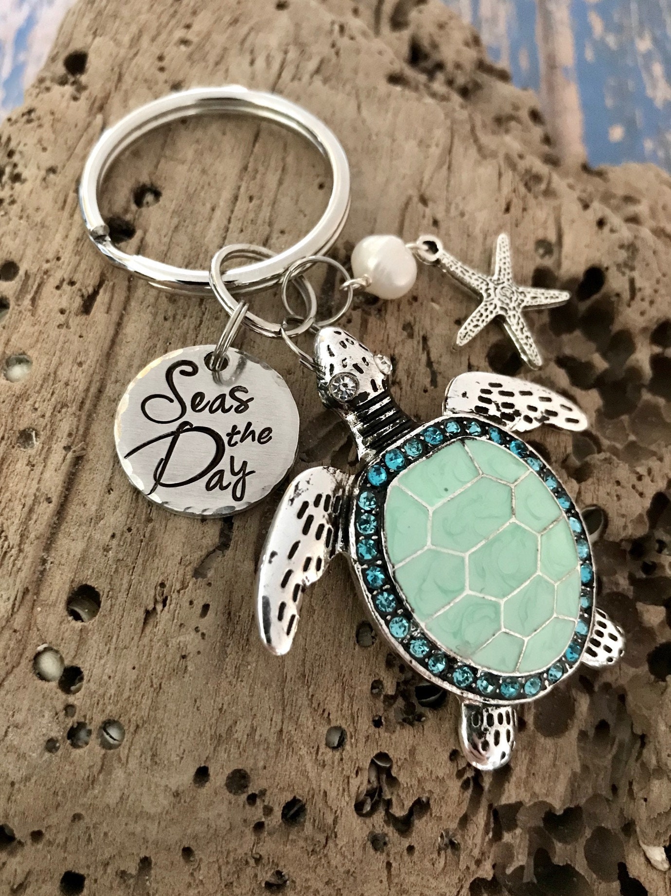 Mers le jour Porte-clés tortue Porte-clés tortue de mer plage vacances bleu  turquoise strass étoile de mer perle -  France