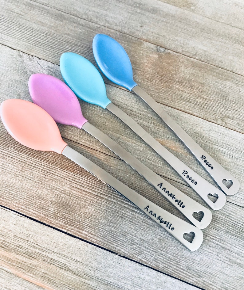 Set of 2 Hand Stamped Custom Silver Baby Spoons Personalized Etsy