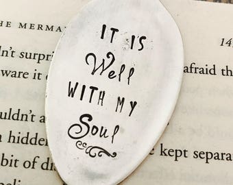 It is well with my soul Vintage Spoon Bookmark, engraved bookmark, book club, reading gift, bushel and a peck, moon and back