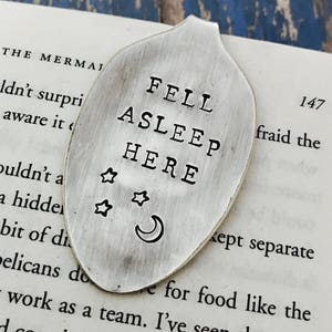 Fell Asleep Here Vintage Spoon Bookmark Moon and Stars Bookworm Graduation Back to School Gift Upcycled Silverplate Funny image 1