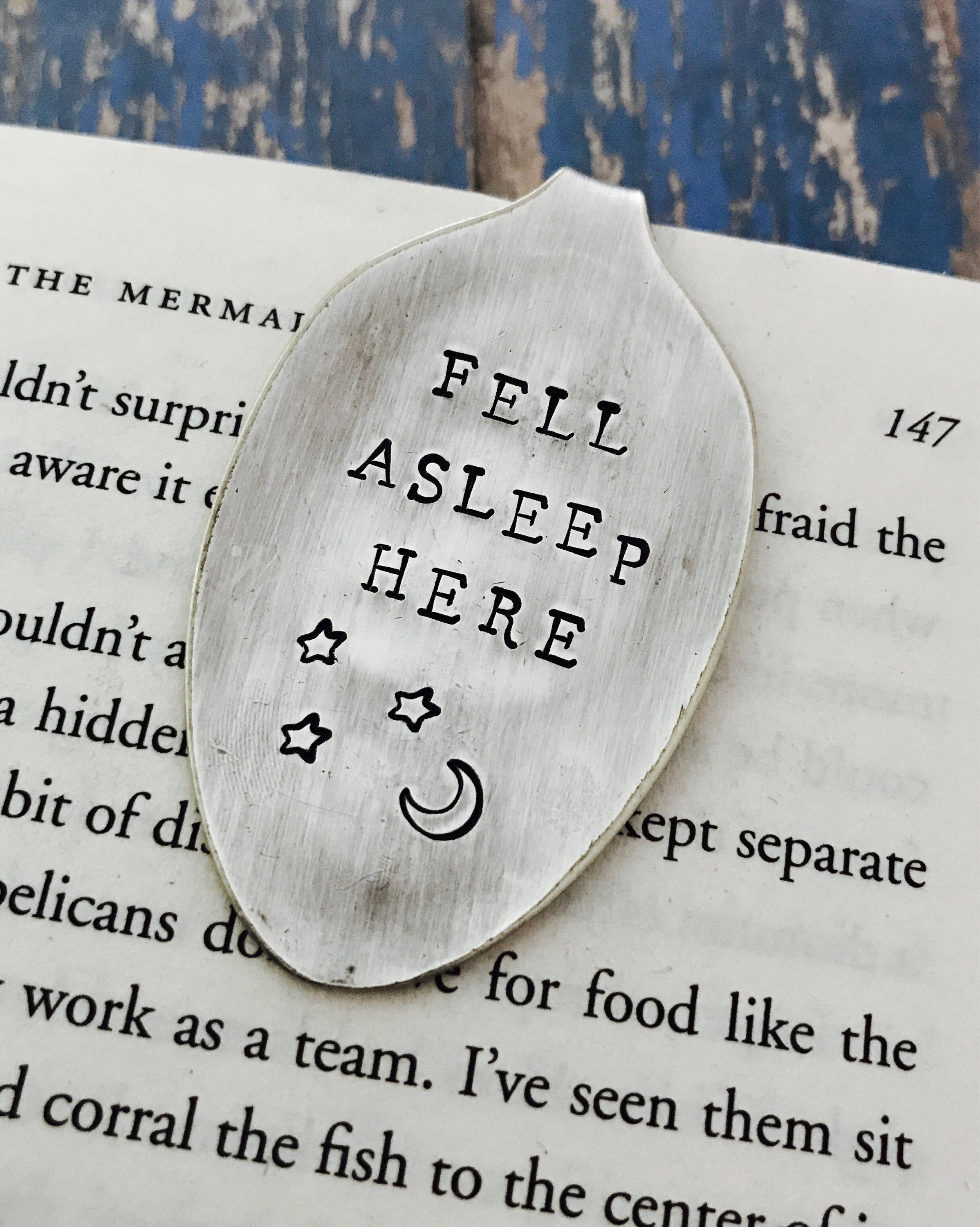 Fell Asleep Here Perfect Book Lover Reading Gift Handmade Recycled Antique Silver Plated Spoon Bookmark Page Saver Bookworm 