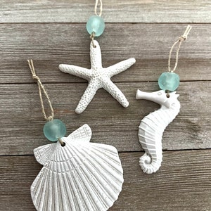 Handmade Coastal Christmas Ornaments: Seahorse, Starfish, Scallop