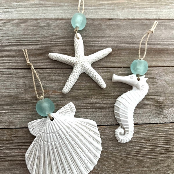Sale! Seahorse Starfish Scallop Sea Shell ornaments, sea glass ornament, coastal Christmas decor, beach ornament, READY TO SHIP, pure white