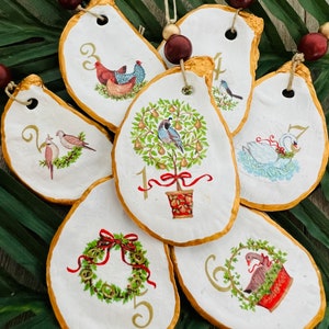 12 Days of Christmas Oyster Shell Ornament Set: Handmade Coastal Decor