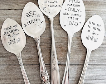 SALE Spring Garden Markers - Spoon Vintage Silverplated Spoon Garden Marker - Mermaid - Frog Parking - Bee Happy - Cat Crossing