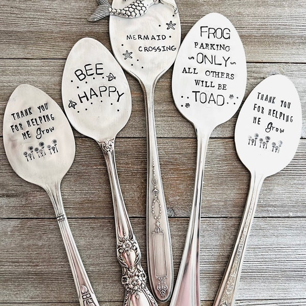 SALE Spring Garden Markers - Spoon Vintage Silverplated Spoon Garden Marker - Mermaid - Frog Parking - Bee Happy - Cat Crossing