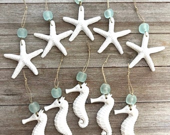 Seahorse and starfish Christmas tree ornament sets of 10 - marine blue sea glass - coastal Christmas - beach ornament