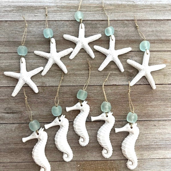 Seahorse and starfish Christmas tree ornament sets of 10 - marine blue sea glass - coastal Christmas - beach ornament