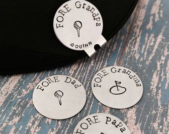 Personalized Golf Ball Marker & Hat Clip: FORE Dad, Grandpa, Papa