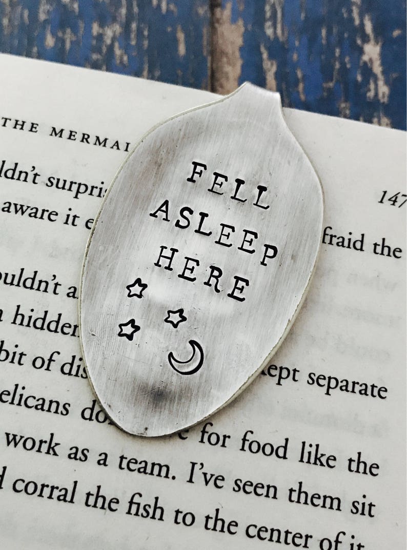 Fell Asleep Here Vintage Spoon Bookmark Moon and Stars Bookworm Graduation Back to School Gift Upcycled Silverplate Funny image 6