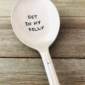 Get in my belly vintage silver plated spoon - soup nazi - get well soup - hostess gift - soup gift - engraved spoon - stamped spoon