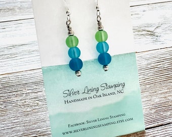 Green and blue ombré cultured seaglass earrings peridot green aqua blue sea glass beach ocean earrings