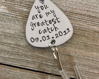 You are my greatest catch Fishing Lure Hand Stamped with Date Option, Hooked on you lure, Valentine's Fishing lure, Wedding fishing lure