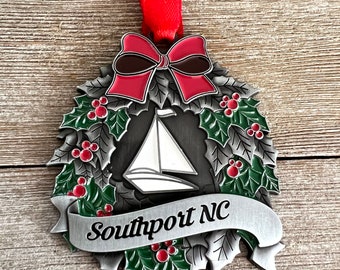 Southport NC sailboat Christmas wreath ornament, coastal Christmas, sailboat ornament