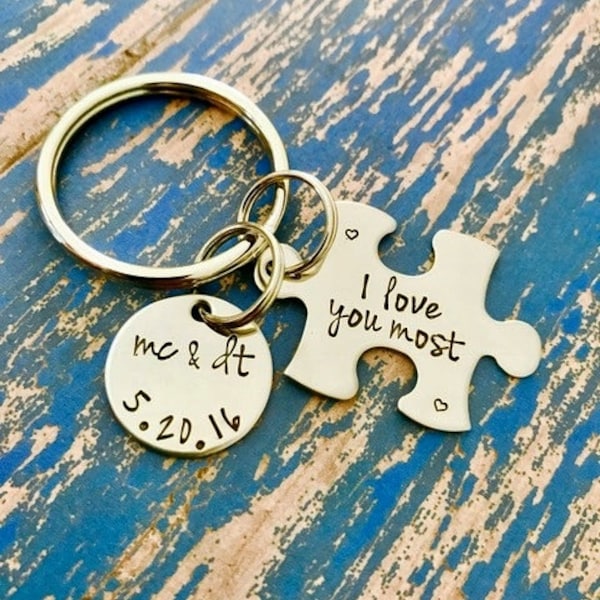 I love you most Puzzle Piece Key Ring with initials and date disc - I love you more - Wedding - Engagement - Anniversary - Valentine's Day