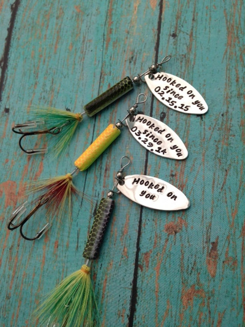 TODAY show feature Hooked on You Fishing Lure Hand Stamped with Date Option Valentine's Engagement Wedding Boyfriend Gift Engraved image 3