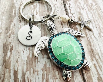 Sea Turtle Keychain: Enamel Starfish Charm, Engraved Initial