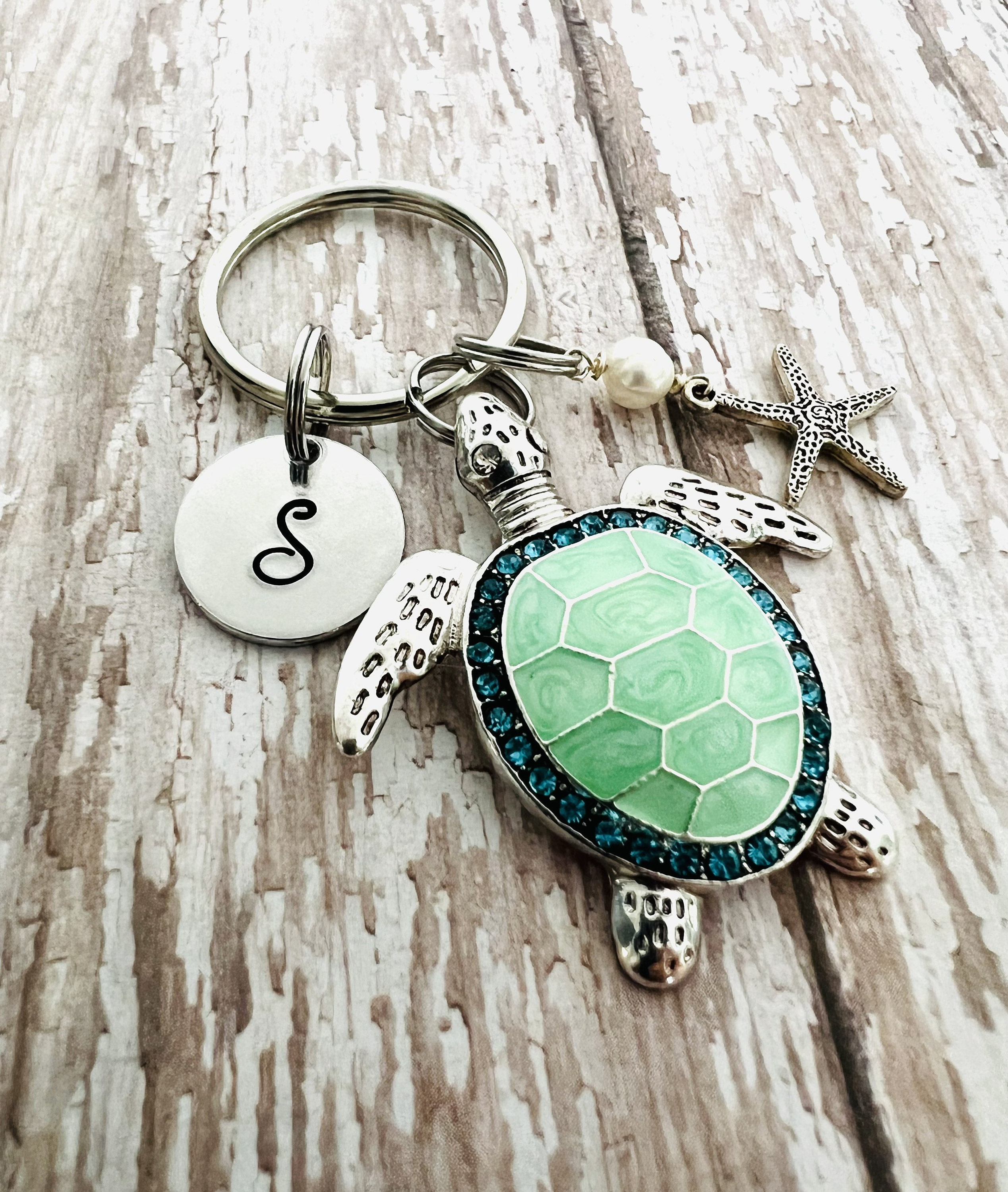 Mers le jour Porte-clés tortue Porte-clés tortue de mer plage vacances bleu  turquoise strass étoile de mer perle -  France