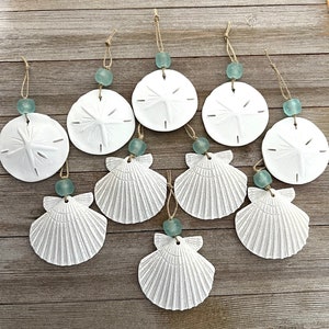 SALE! 10 scallop or sand dollar Christmas tree ornaments - coastal decor - beach ornaments - shell ornaments - nautical ornaments