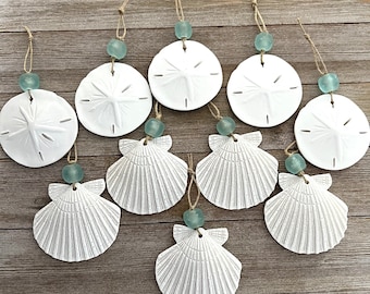 SALE! 10 scallop or sand dollar Christmas tree ornaments - coastal decor - beach ornaments - shell ornaments - nautical ornaments