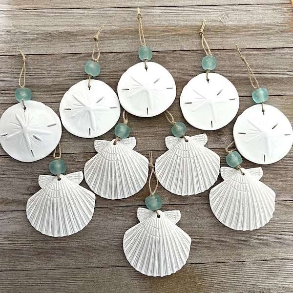 10 scallop or sand dollar Christmas tree ornaments - coastal decor - beach ornaments - shell ornaments - nautical ornaments - seashell