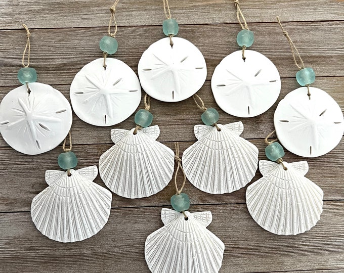 10 scallop or sand dollar Christmas tree ornaments - coastal decor - beach ornaments - shell ornaments - nautical ornaments - seashell