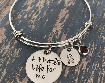 A Pirate's Life for Me Skull Crossbones Swarovski Crystal Birthstone Silver Stainless Bangle Bracelet
