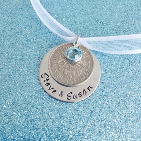 Lucky Six Pence Wedding Bouquet Charm Personalized Blue Crystal,  Engagement, Wedding Gift, Something Blue, Something Old, Engraved