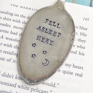 Fell Asleep Here Vintage Spoon Bookmark Moon and Stars Bookworm Graduation Back to School Gift Upcycled Silverplate Funny image 3