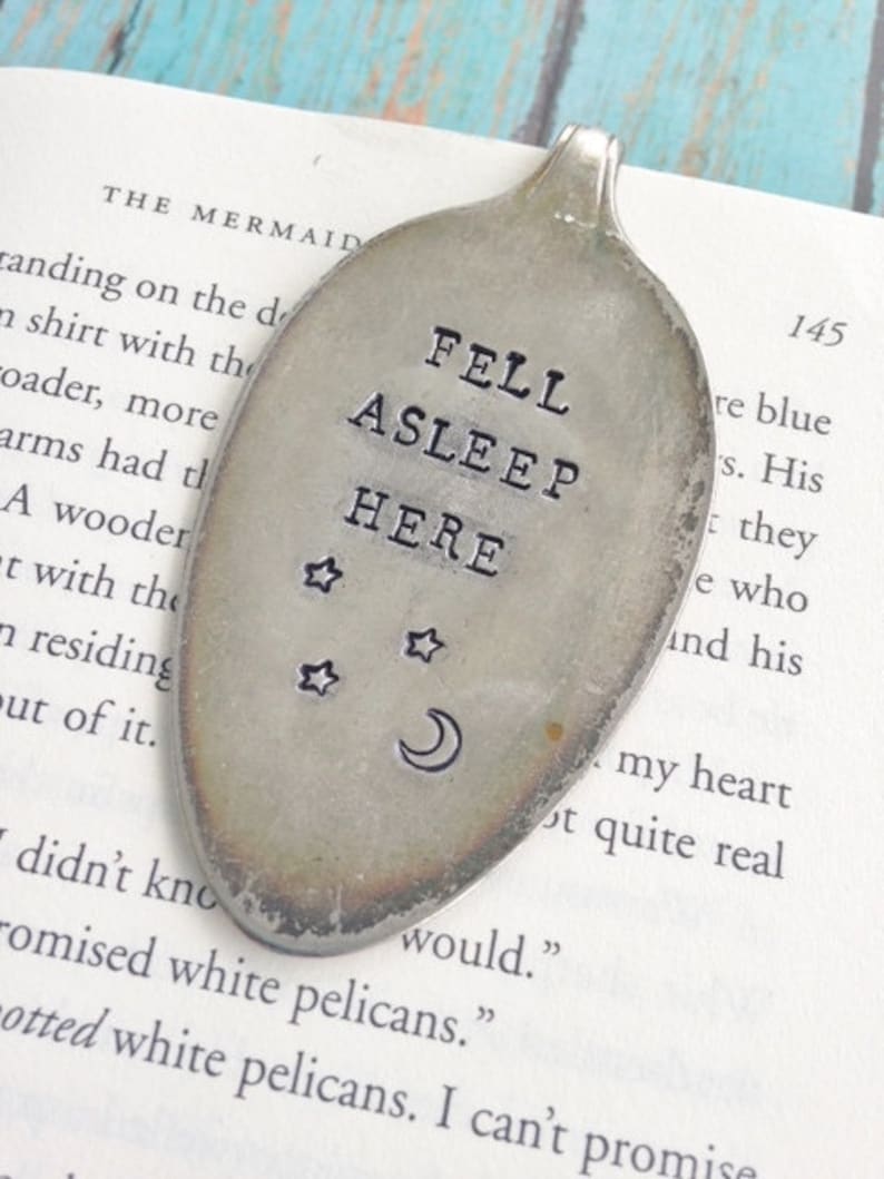 Fell Asleep Here Vintage Spoon Bookmark Moon and Stars Bookworm Graduation Back to School Gift Upcycled Silverplate Funny image 3