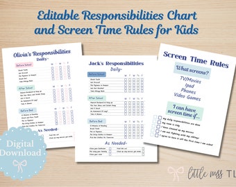 Editable Daily Responsibilities Chart and Screen Time Rules for Kids