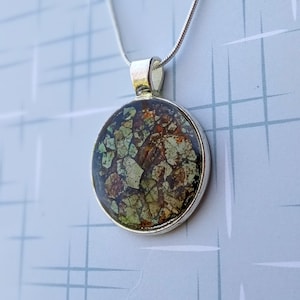 Brown & Green Eggshell Art Pendant in a Silver Circle Bezel, with Silver Chain, Good Luck Talisman, Lucky Charm, One of a Kind, Mosaic