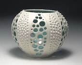 Large candle holder, Sea urchin votive, Porcelain pierced bowl, Nautical home decor, ceramic lantern, white seafoam blue, ocean lover gift
