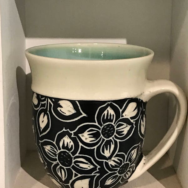 Reserved for Vernon  Handmade dogwood flower mug porcelain black & white sgraffito seafoam green glaze large teacup coffee cup floral potter